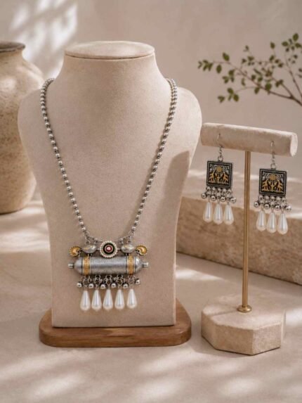 Traditional Silver-Tone Ethnic Jewellery with Matching Earrings