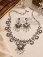 Oxidized Pink Stone Crescent Necklace Set