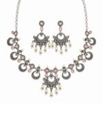 Oxidized Pink Stone Crescent Necklace Set - Image 4