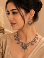 Oxidized Pink Stone Crescent Necklace Set - Image 2