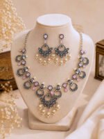 Oxidized Pink Stone Crescent Necklace Set - Image 3