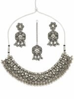 Oxidized Silver Floral Choker Necklace Set - Image 4