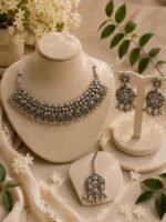 Oxidized Silver Floral Choker Necklace Set
