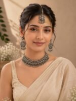 Oxidized Silver Floral Choker Necklace Set - Image 2