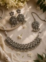 Oxidized Silver Floral Choker Necklace Set - Image 3