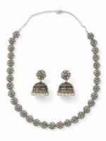 Oxidized Silver Floral Jhumka Necklace Set - Image 4
