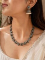 Oxidized Silver Floral Jhumka Necklace Set - Image 3