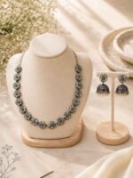 Oxidized Silver Floral Jhumka Necklace Set - Image 2
