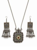 Oxidized Silver Floral Pendant Necklace Set - Image 4