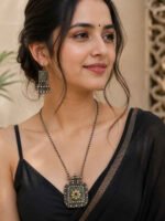 Oxidized Silver Floral Pendant Necklace Set - Image 2