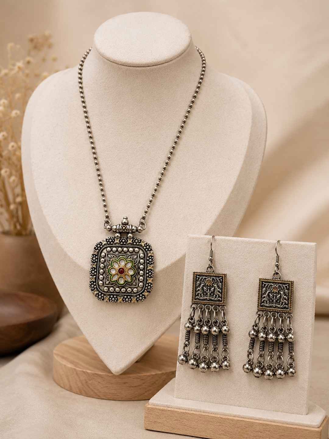 Oxidized-Silver-Floral-Pendant-Necklace-Set-3 Oxidized Silver Floral Pendant Necklace Set - Image 1