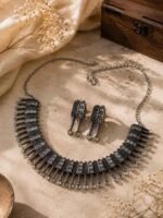 Oxidized Silver Green & Pink Stone Choker Set