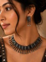 Oxidized Silver Green & Pink Stone Choker Set - Image 2