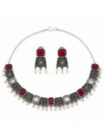 Oxidized Silver Ruby & Pearl Necklace Set - Image 4