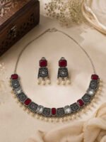 Oxidized Silver Ruby & Pearl Necklace Set - Image 3