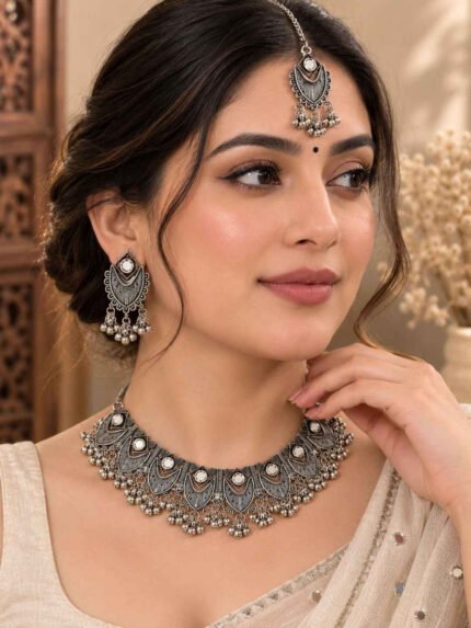 Oxidized Silver Tribal Leaf Necklace Set