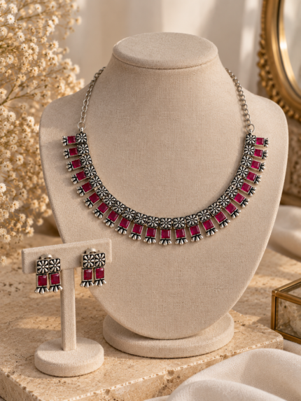 Ruby Bloom Oxidised Necklace Set